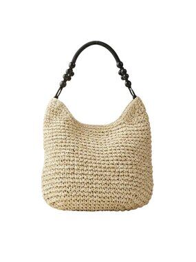 Tigerstars Beige Beaded Handle Raffia Woven Shoulder Tote Bag
